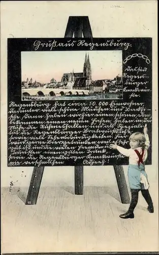 Ak Regensburg an der Donau Oberpfalz, Stadtansicht, Kind an der Tafel