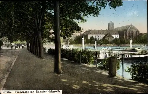 Ak Breslau Wrocław in Schlesien, Promenade mit Dampferhaltestelle