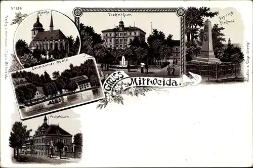 Litho Mittweida in Sachsen, Seyrich Denkmal, Technikum, Kirche, Lauenhainer Mühle, Postgebäude