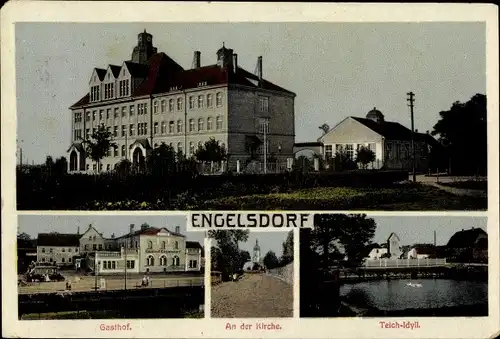 Ak Engelsdorf Leipzig in Sachsen, Gasthof, Kirche, Teichpartie