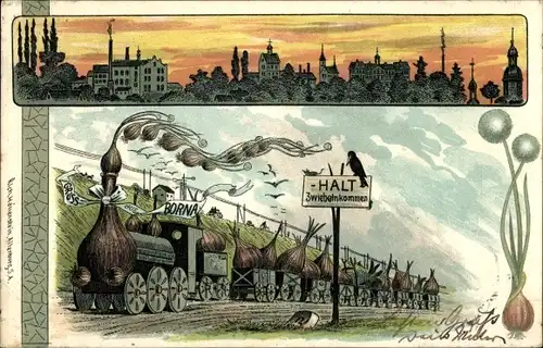 Litho Borna in Sachsen, Dampflok mit Zwiebeln, Blick auf den Ort