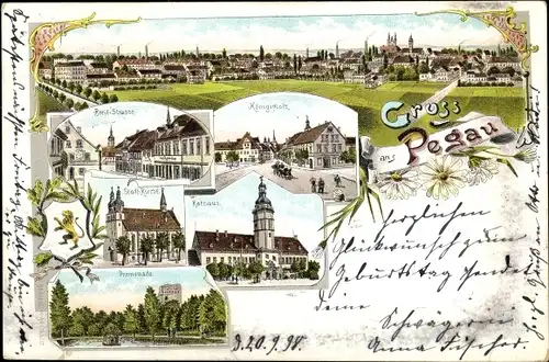 Litho Pegau in Sachsen, Königsplatz, Rathaus, Stadtkirche, Promenade, Blick auf den Ort