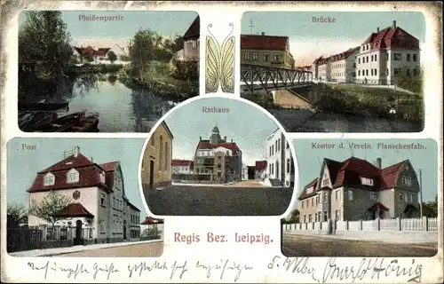 Ak Regis Breitingen Sachsen, Kontor d. Verein. Flanschenfabrik, Brücke, Rathaus, Postgebäude