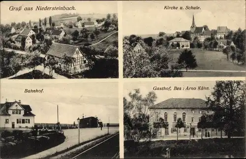 Ak Niedersteinbach Penig in Sachsen, Kirche, Schule, Gasthof Arno Kühn, Bahnhof