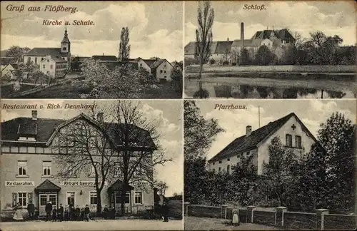 Ak Flößberg Frohburg in Sachsen, Kirche, Schule, Schloss,Restaurant Rich. Dennhardt, Pfarrhaus