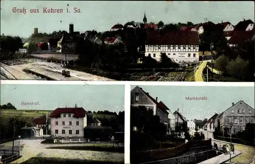 Ak Kohren Sahlis Frohburg Sachsen, Marktplatz, Bahnhof, Blick auf den Ort