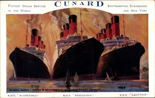 Künstler Ak Dampfschiffe RMS Mauretania, Berengaria, Aquitania, Cunard Line