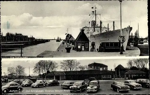 Ak Brunsbüttel in Dithmarschen, Fähre am Anleger, Aufgang an den Schleusen Gustav Meyer Platz