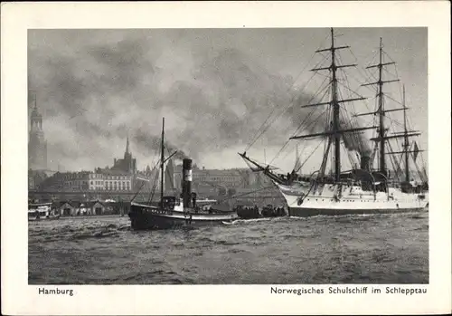 Ak Hamburg, Norwegisches Schulschiff im Schlepptau, Segelschiff, Dreimaster, Stadtbild