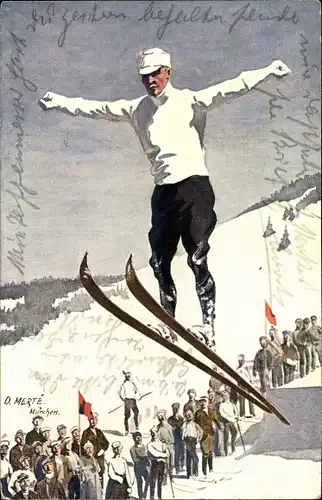 Künstler Ak Merté, Oskar, Wintersport, Skispringer während des Fluges, Reklame, Krone Briketts