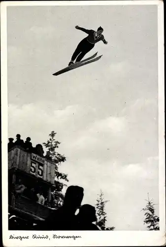 Ak Johanngeorgenstadt im Erzgebirge Sachsen, Birger Ruud, Skisprung, Skispringer im Flug