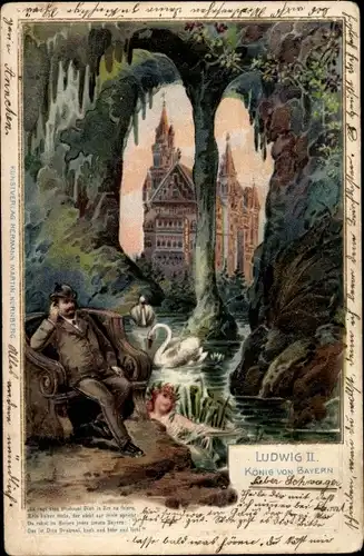 Präge Litho König Ludwig II. von Bayern, Schlösserkönig, Schloss Neuschwanstein
