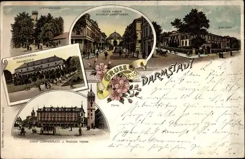 Litho Darmstadt in Hessen, Saalbau, katholische Kirche, Wilhelminenstraße, Orangerie, Weißer Turm