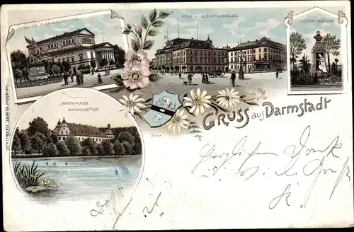 Litho Darmstadt in Hessen, Post, Alexanderpalais, Theater, Kriegerdenkmal, Jagdschloss