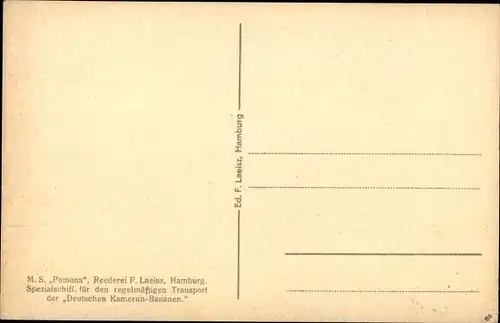 Ak Frachtschiff MS Pomona, Transport der Deutschen Kamerun-Bananen