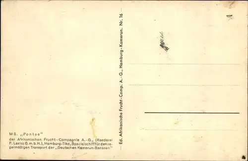 Ak Frachtschiff MS Pontos, Transport der Deutsch Kamerun-Bananen