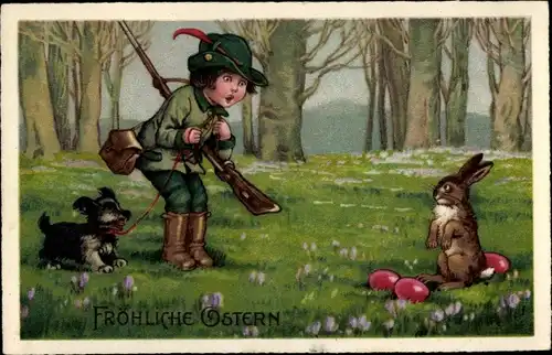 Ak Glückwunsch Ostern, Jäger, Hund, Hase, Ostereier