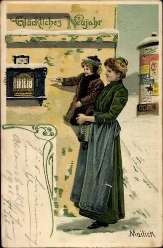 Präge Künstler Litho Mailick, Glückwunsch Neujahr, Frau mit Kind, Briefkasten, Brief