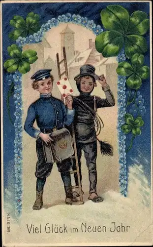 Präge Ak Glückwunsch Neujahr, Schornsteinfeger, Postbote, Kleeblätter