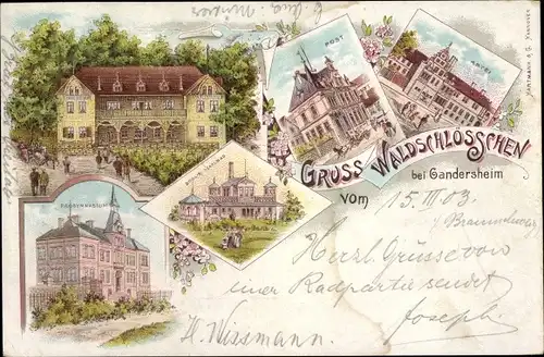 Litho Bad Gandersheim, Gasthof Waldschlösschen, F. Gittermann, Progymnasium, Abtei, Stahlbad, Post