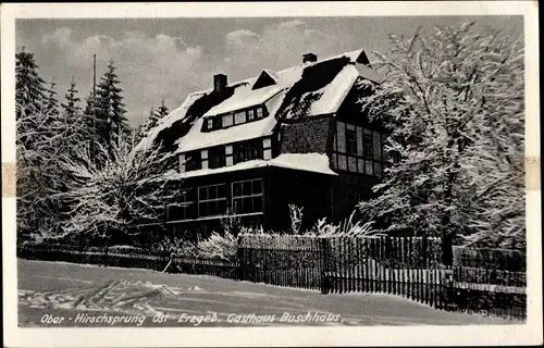 Ak Ober Hirschsprung Altenberg im Erzgebirge, Gasthaus Buschhaus im Winter