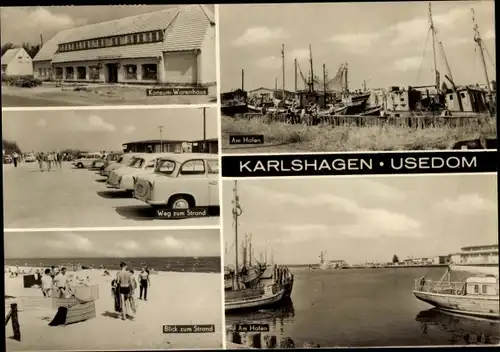 Ak Ostseebad Karlshagen auf Usedom, Konsum Warenhaus, Strand, Hafen