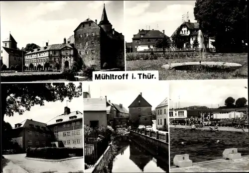 Ak Mühltroff im Vogtland Sachsen, Gebäude, Springbrunnen, Freibad