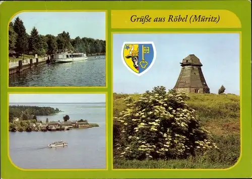 Ak Röbel an der Müritz, Wappen, MS Priborn, Anlegestelle, Schampermühle, Bootshäuser