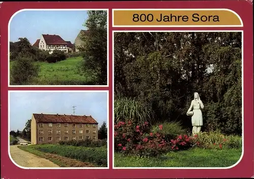 Ak Sora Klipphausen in Sachsen, 800 Jahre 1186-1986, Gehöft Naumann, Neubau, Statue, Park