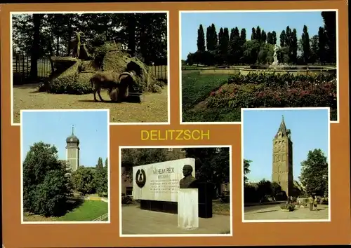 Ak Delitzsch in Sachsen, Tierpark, Brunnengruppe Genesung, Schloss, Wilhelm-Pieck-Ehrenmal