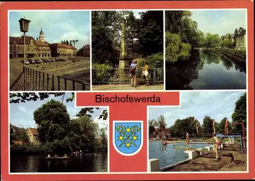 Ak Bischofswerda in Sachsen, Altmarkt, Postmeilensäule, Mühlteich, Gondelteich, Bad