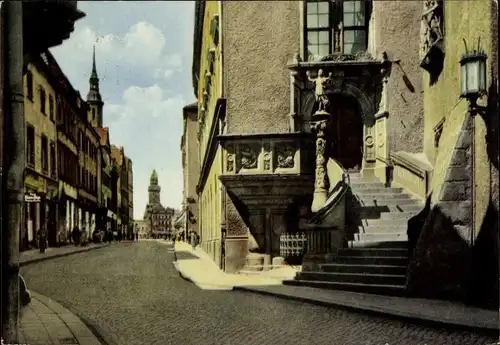 Ak Görlitz in der Lausitz, Historische Rathaustreppe, Brüderstraße, Mönch, Reichenbacher Turm