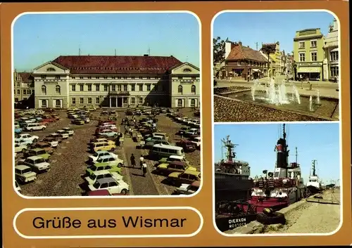 Ak Hansestadt Wismar, Marktplatz, Rathaus, Wasserspiel Krämerstraße, Schlepper, Kai