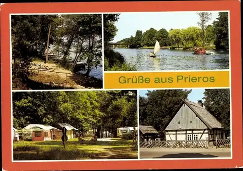 Ak Prieros Heidesee in der Mark, Campingplatz D 66 am Hutschesee, D 64 am Schmöldesee, Heimathaus