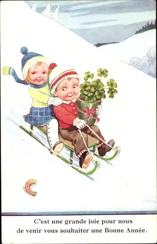 Künstler Ak Wills, John, Fröhliches Neujahr, Kinder auf einem Schlitten, Klee, Hufeisen