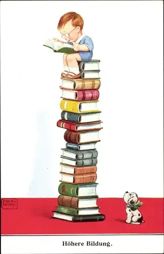 Künstler Ak Wills, John, Höhere Bildung, Junge auf einem hohen Bücherstapel, Hund