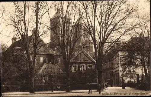 Ak Münster in Westfalen, Spiegelturm, Straßenpartie