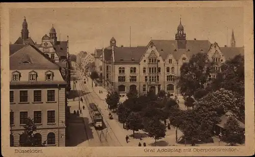 Ak Düsseldorf, Graf Adolf Platz mit Oberpostdirektion, Straßenbahn