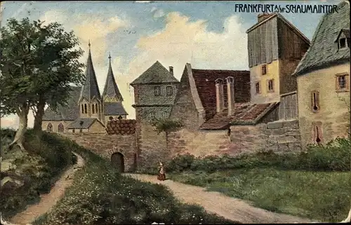 Künstler Ak Frankfurt am Main, Partie am Schaumaintor, Panorama, Kirche