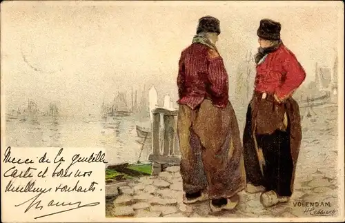 Künstler Litho Cassiers H., Volendam Nordholland Niederlande, Hafen, zwei Männer