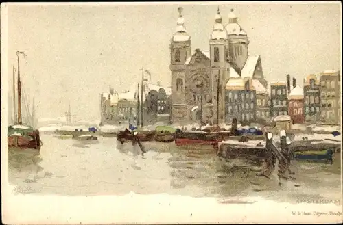 Künstler Litho Cassiers, Henri, Amsterdam Nordholland Niederlande, Boote, Hafen