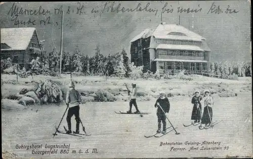 Ak Zinnwald Georgenfeld Altenberg im Erzgebirge, Gebirgshotel Lugsteinhof, Skipartie