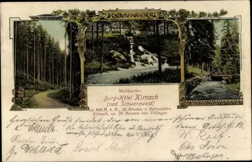 Ak Unterkirnach im Schwarzwald, Brücke, Burg-Hotel Kirnach, Wasserfall