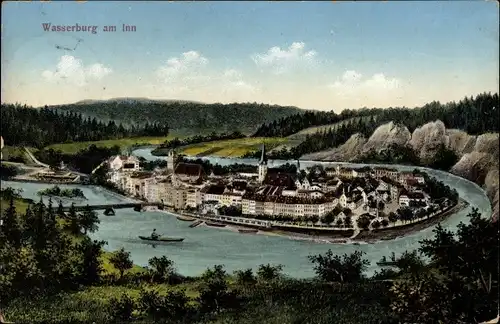 Ak Wasserburg am Inn in Oberbayern, Ortsansicht, Kirche, Ruderboote