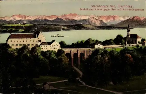 Ak Starnberg am Starnberger See Oberbayern, Schloss, Kirche, Karwendelgebirge, Dampfschiff
