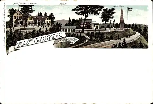 Litho Bad Harzburg in Niedersachsen, Hotel Burgberg, Brocken, Denkmal