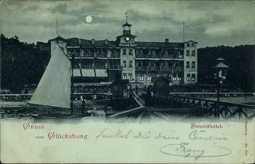 Mondschein Ak Glücksburg in Schleswig Holstein, Strandhotel