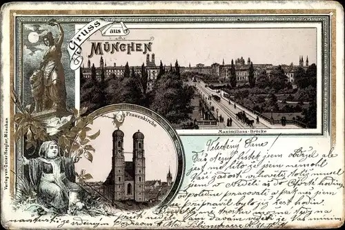 Litho München Bayern, Maximiliansbrücke, Frauenkirche, Bavaria, Kindl