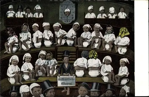 Ak Öffentliche Sitzung, kleine Kinder, Nachttöpfe, Fotomontage