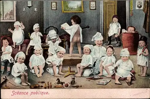 Ak Öffentliche Sitzung, Kleinkinder auf Nachttöpfen, Fotomontage